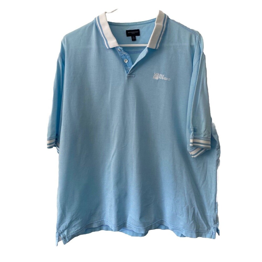 Burberry Golf Italy Men's Logo Polo Shirt Light Blue White 100% Cotton Sz XL